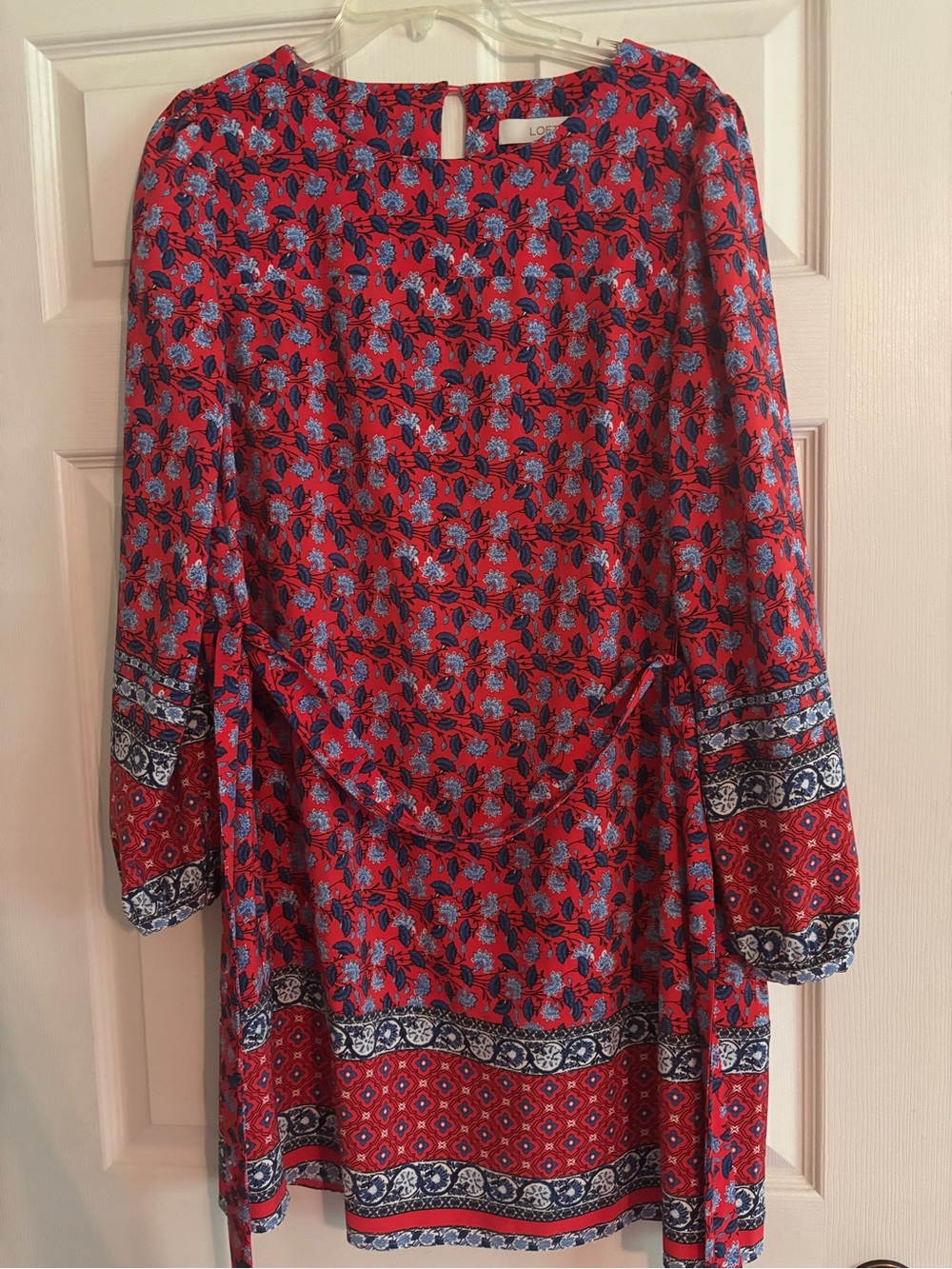LOFT Red Floral Top with Blue Bloom Print